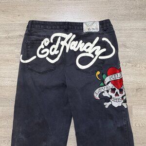 Ed Hardy Love Kills Slowly Wide Leg Faded Black Denim Jeans Size 30